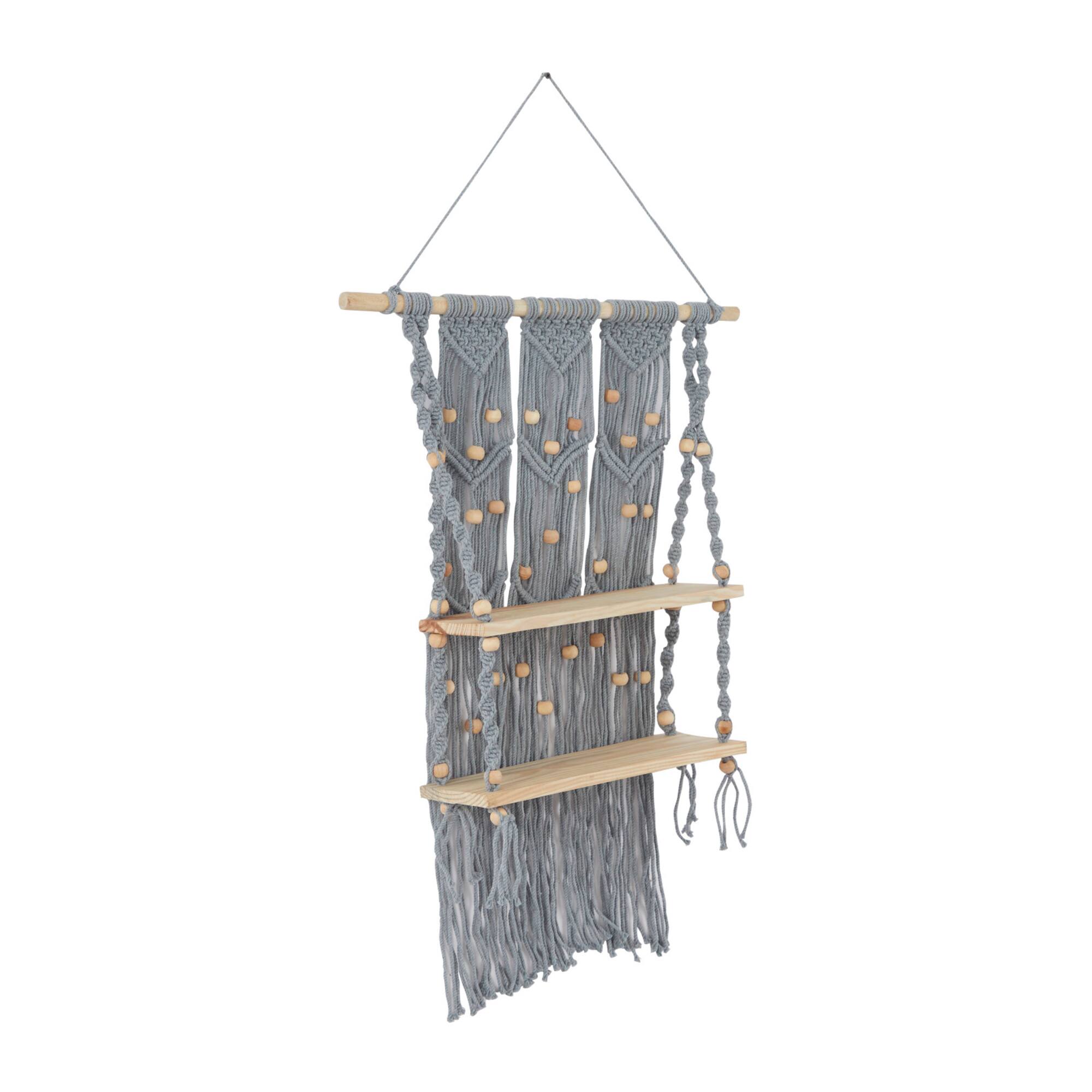 Gray Cotton Handmade 2 Shelves Macrame Wall Shelf 25" x 6" x 47"
